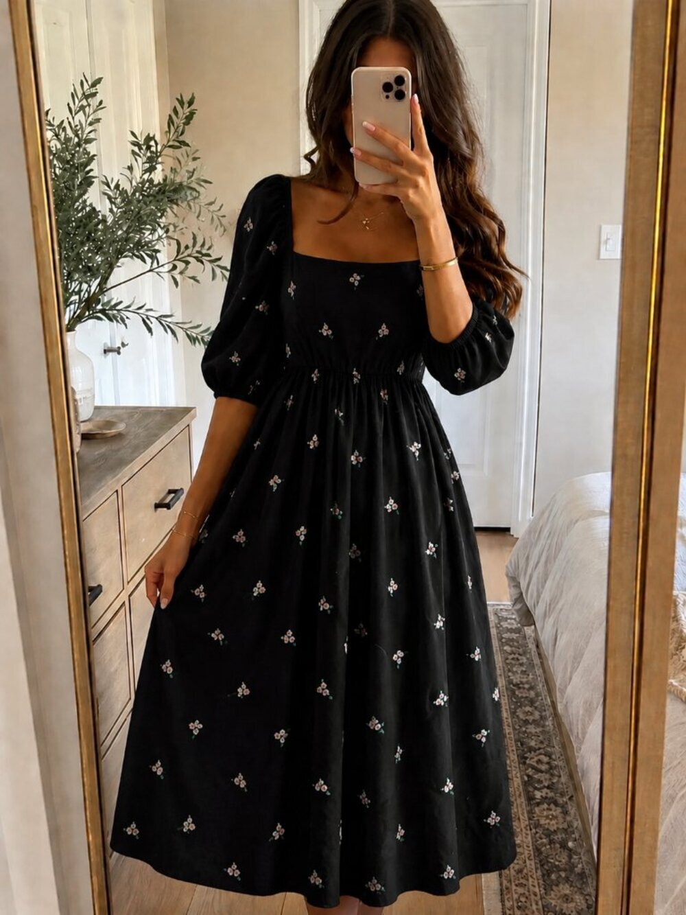 Zara Voluminous Embroidered Midi Dress Pillow Puff Sleeve Floral Black Medium